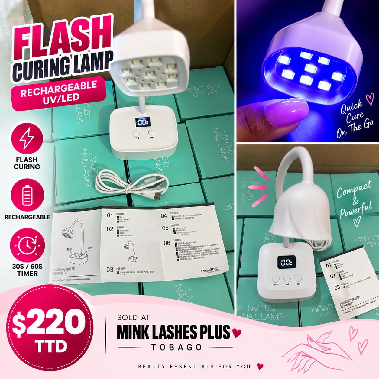 Flash curing rechargeable UV/LED nail lamp